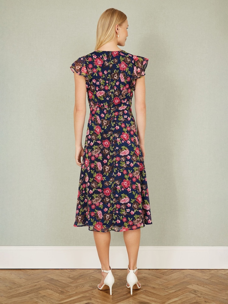 Yumi Blue Floral Midi Skater Dress - Image 4 of 5