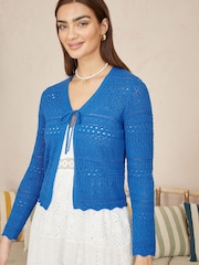 Yumi Blue Crochet Tie Front Cardigan - Image 1 of 4