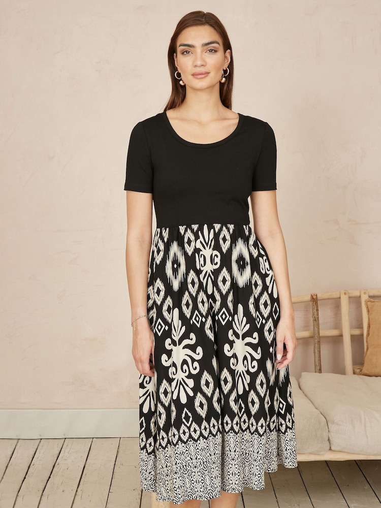 Yumi Black Jersey Stretch Top And Ikat Skirt Midi Dress - Image 1 of 5