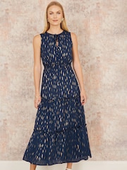 Yumi Blue Foil Print Ruched Waist Midi Dress With Tie Notch - Image 1 of 5