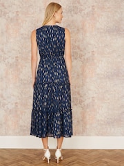 Yumi Blue Foil Print Ruched Waist Midi Dress With Tie Notch - Image 4 of 5