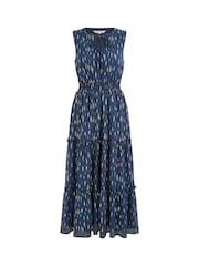 Yumi Blue Foil Print Ruched Waist Midi Dress With Tie Notch - Image 5 of 5