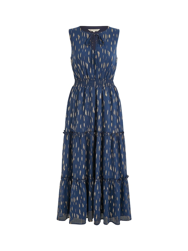 Yumi Blue Foil Print Ruched Waist Midi Dress With Tie Notch - Image 5 of 5