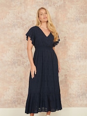 Yumi Blue Cotton Broderie Anglaise Wrap Midi Dress - Image 1 of 5