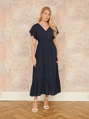 Yumi Blue Cotton Broderie Anglaise Wrap Midi Dress - Image 2 of 5
