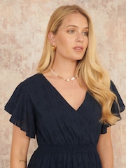 Yumi Blue Cotton Broderie Anglaise Wrap Midi Dress - Image 3 of 5