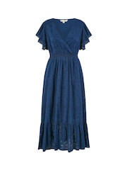 Yumi Blue Cotton Broderie Anglaise Wrap Midi Dress - Image 5 of 5