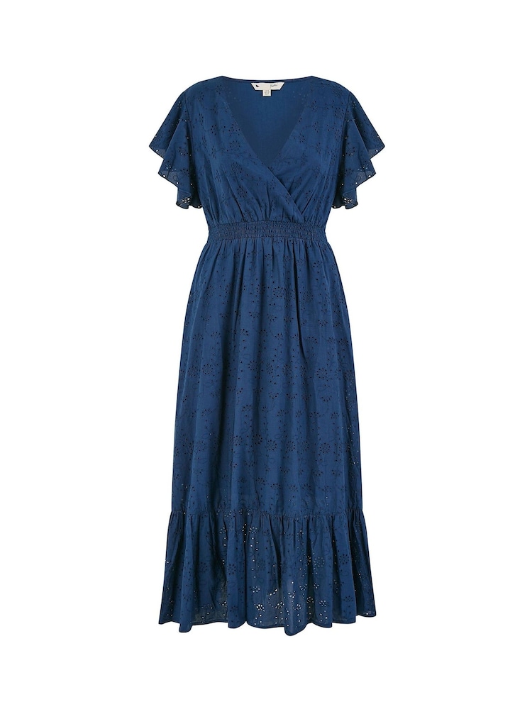 Yumi Blue Cotton Broderie Anglaise Wrap Midi Dress - Image 5 of 5