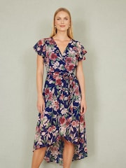 Yumi Blue Floral Wrap Midi Dress With Frill Hem - Image 1 of 5