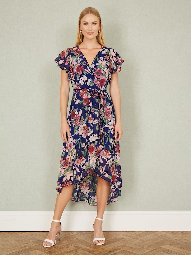 Yumi Blue Floral Wrap Midi Dress With Frill Hem - Image 2 of 5