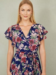 Yumi Blue Floral Wrap Midi Dress With Frill Hem - Image 3 of 5