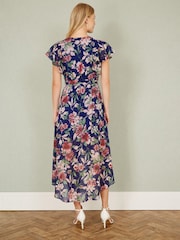 Yumi Blue Floral Wrap Midi Dress With Frill Hem - Image 4 of 5