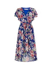 Yumi Blue Floral Wrap Midi Dress With Frill Hem - Image 5 of 5