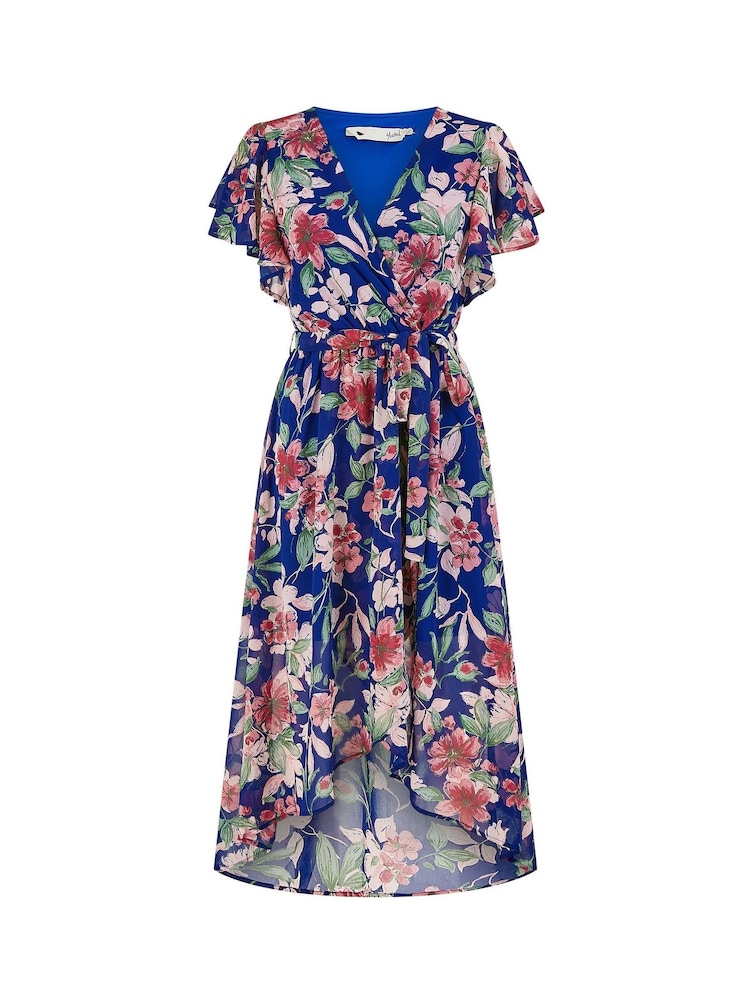 Yumi Blue Floral Wrap Midi Dress With Frill Hem - Image 5 of 5