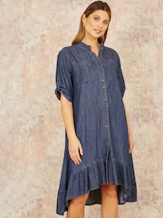 Yumi Blue Relaxed Fit Chambray Denim Dip Hem Shirt Dress - Image 1 of 4