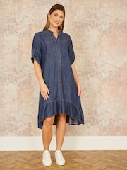 Yumi Blue Relaxed Fit Chambray Denim Dip Hem Shirt Dress - Image 2 of 4