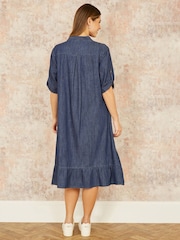 Yumi Blue Relaxed Fit Chambray Denim Dip Hem Shirt Dress - Image 3 of 4