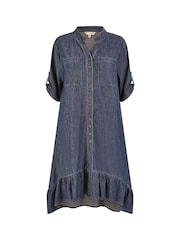 Yumi Blue Relaxed Fit Chambray Denim Dip Hem Shirt Dress - Image 4 of 4