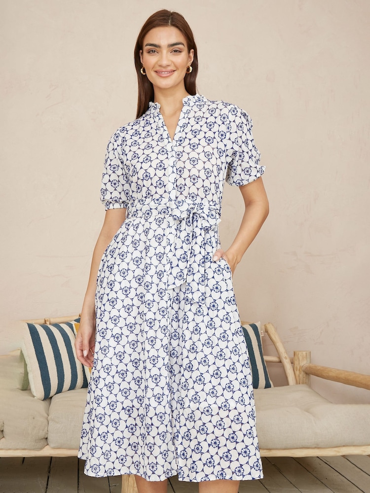 Yumi White 100% Cotton Broderie Anglaise Midi Shirt Dress - Image 1 of 5