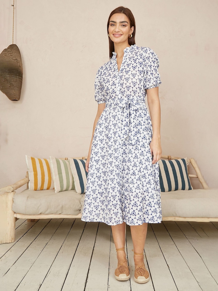 Yumi White 100% Cotton Broderie Anglaise Midi Shirt Dress - Image 2 of 5