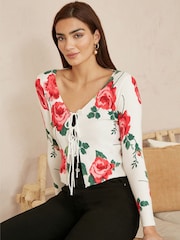 Yumi White Rose Print Cardigan With Tie Front - Image 1 of 4