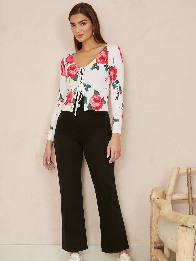 Yumi White Rose Print Cardigan With Tie Front - Image 2 of 4