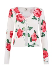 Yumi White Rose Print Cardigan With Tie Front - Image 4 of 4