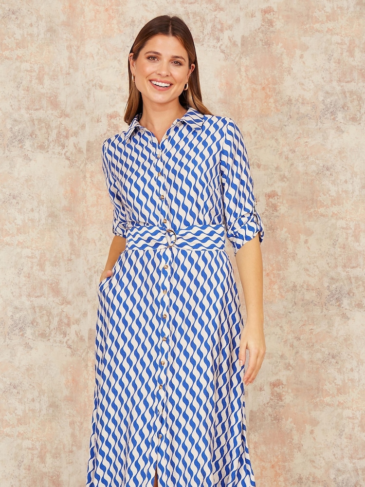 Yumi Blue Geo Swirl Print Midi Shirt Dress - Image 1 of 5