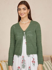 Yumi Green Crochet Tie Front Cardigan - Image 1 of 4