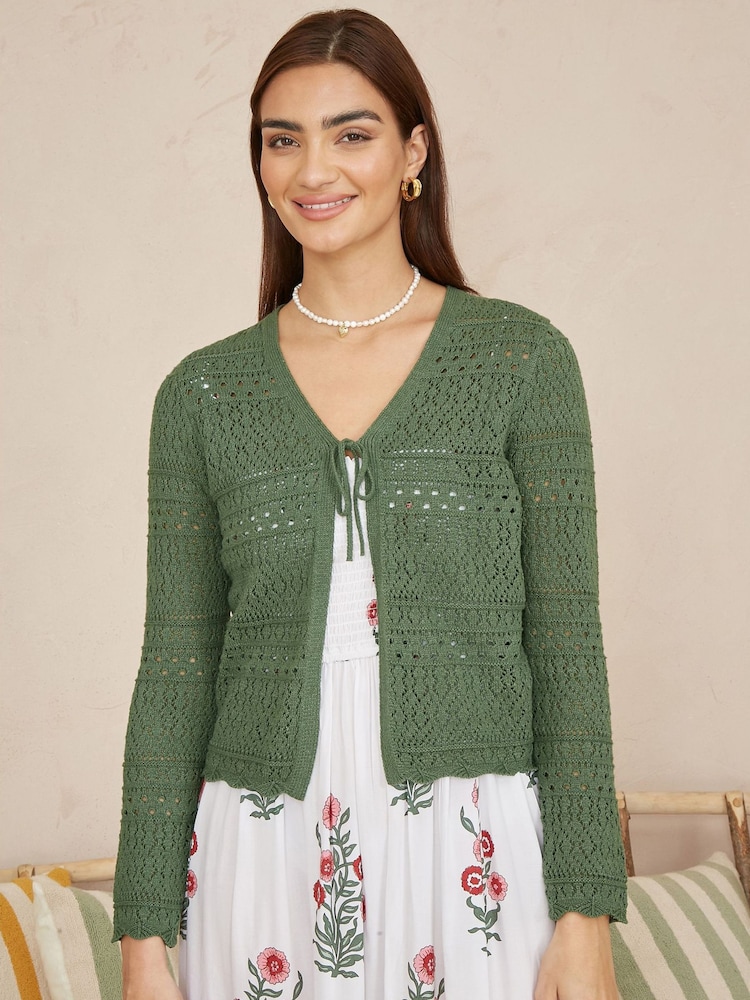 Yumi Green Crochet Tie Front Cardigan - Image 1 of 4