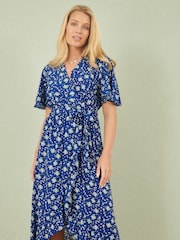 Yumi Blue Floral Wrap Dress With Frill Hem - Image 1 of 4