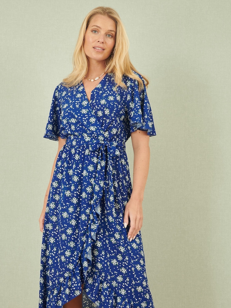 Yumi Blue Floral Wrap Dress With Frill Hem - Image 1 of 4