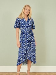 Yumi Blue Floral Wrap Dress With Frill Hem - Image 2 of 4