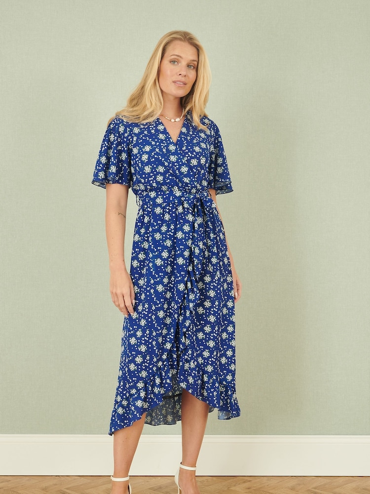 Yumi Blue Floral Wrap Dress With Frill Hem - Image 2 of 4