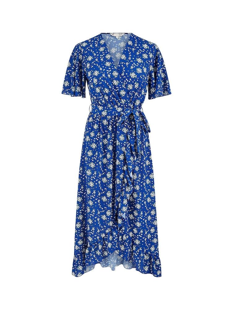 Yumi Blue Floral Wrap Dress With Frill Hem - Image 4 of 4