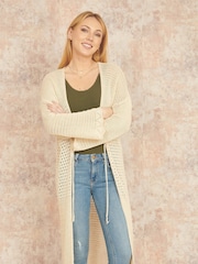 Yumi Cream Crochet Long Line 100% Cotton Cardigan With Ties Front - Image 1 of 5