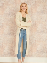 Yumi Cream Crochet Long Line 100% Cotton Cardigan With Ties Front - Image 2 of 5