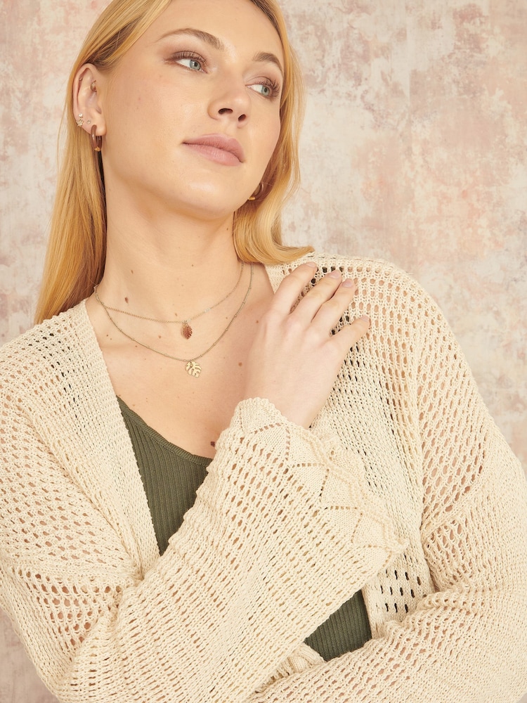 Yumi Cream Crochet Long Line 100% Cotton Cardigan With Ties Front - Image 3 of 5