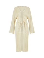Yumi Cream Crochet Long Line 100% Cotton Cardigan With Ties Front - Image 5 of 5