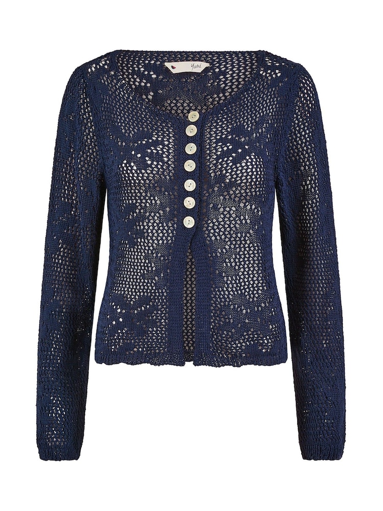 Yumi Blue Flower Crochet Button Up 100% Cotton Cardigan - Image 4 of 4 Yumi Blue Flower Crochet Button Up 100% Cotton Cardigan - Image 4 of 4