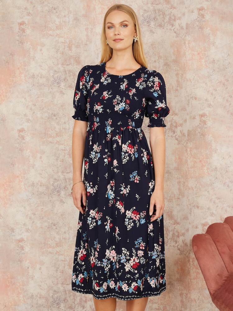 Yumi Blue Floral Ruched Midi Dress With Puff Sleeves - Image 1 of 5