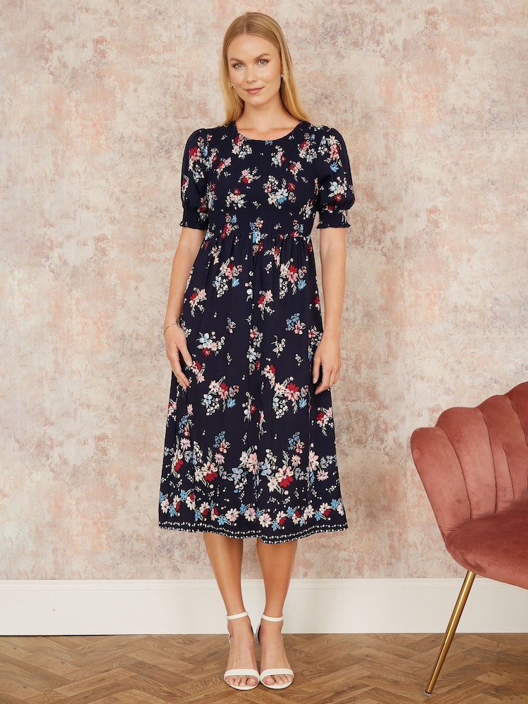 Yumi Blue Floral Ruched Midi Dress With Puff Sleeves - Image 2 of 5