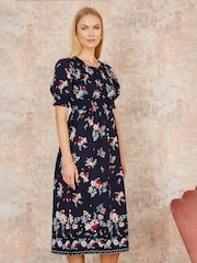 Yumi Blue Floral Ruched Midi Dress With Puff Sleeves - Image 3 of 5