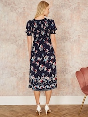 Yumi Blue Floral Ruched Midi Dress With Puff Sleeves - Image 4 of 5