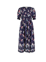 Yumi Blue Floral Ruched Midi Dress With Puff Sleeves - Image 5 of 5