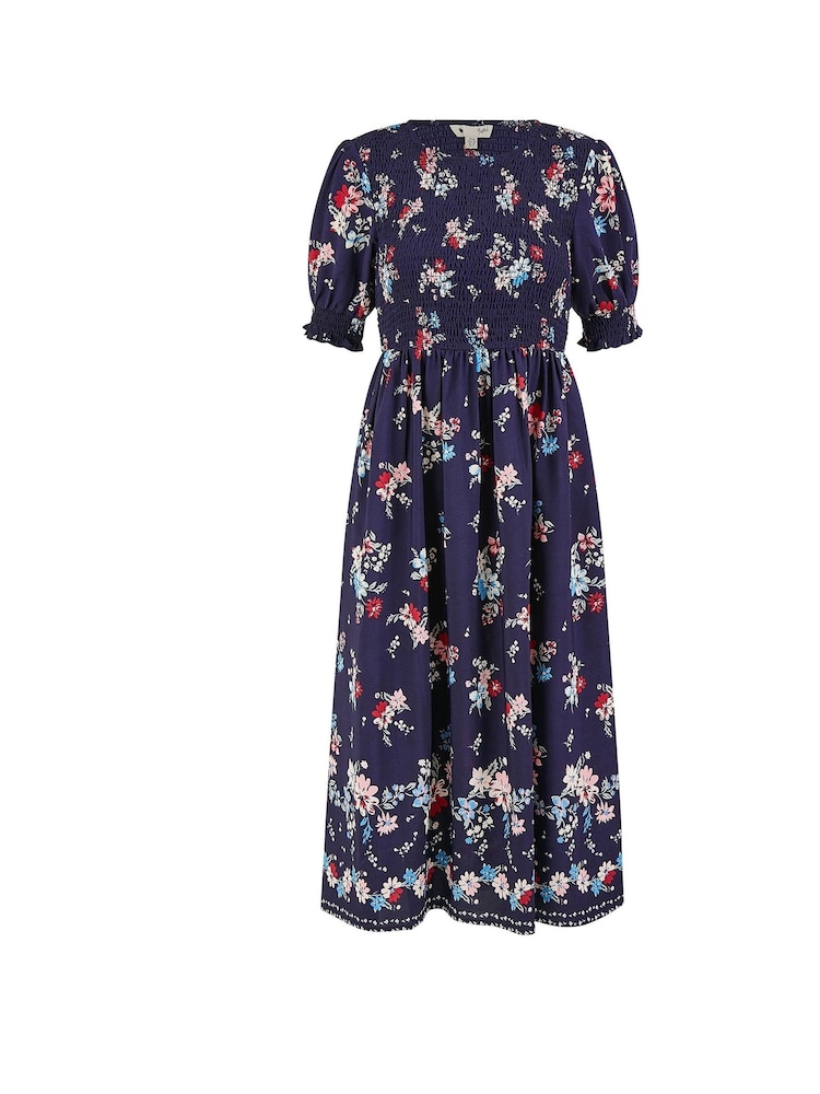 Yumi Blue Floral Ruched Midi Dress With Puff Sleeves - Image 5 of 5