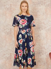 Yumi Blue Mesh Floral Print Midi Dress With Angel Sleeves - Image 1 of 5