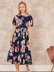 Yumi Blue Mesh Floral Print Midi Dress With Angel Sleeves - Image 2 of 5