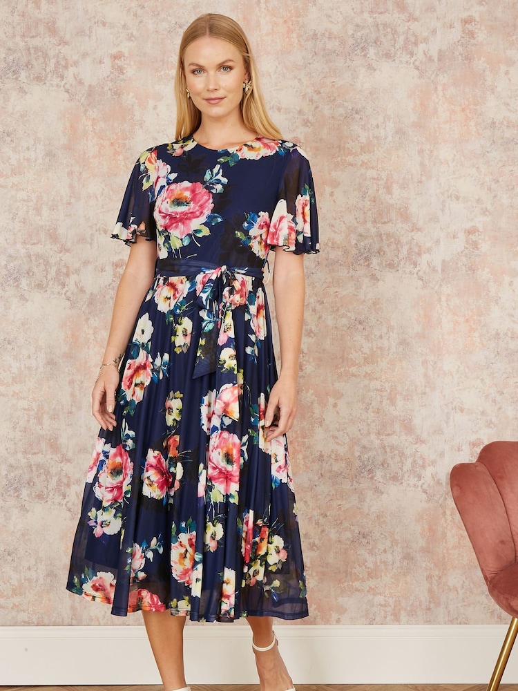 Yumi Blue Mesh Floral Print Midi Dress With Angel Sleeves - Image 2 of 5