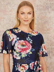 Yumi Blue Mesh Floral Print Midi Dress With Angel Sleeves - Image 3 of 5